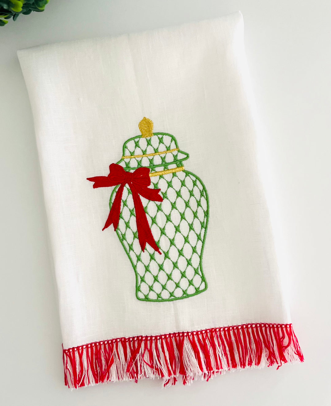 Fringed Linen Guest Towel ~ Christmas Ginger Jar