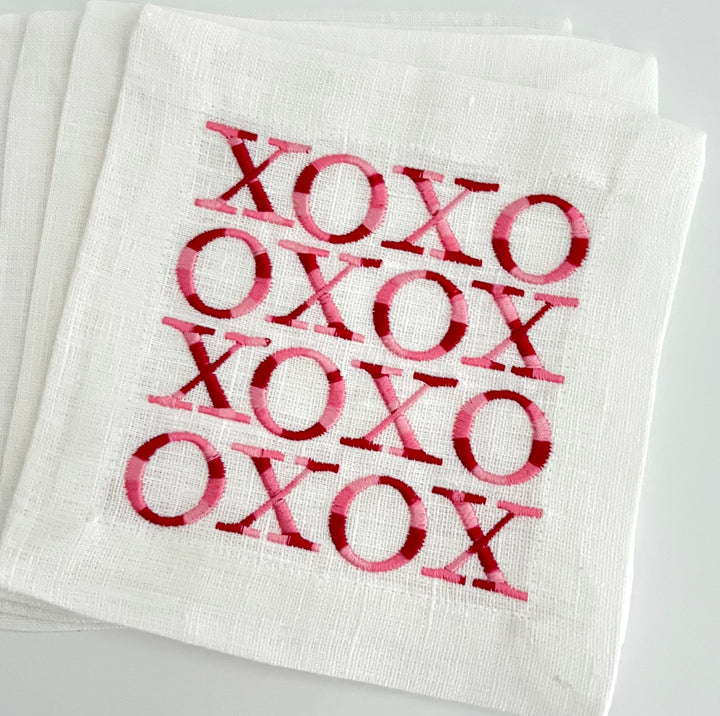 XOXO Embroidered Linen Cocktail Napkins ~ Set of 4