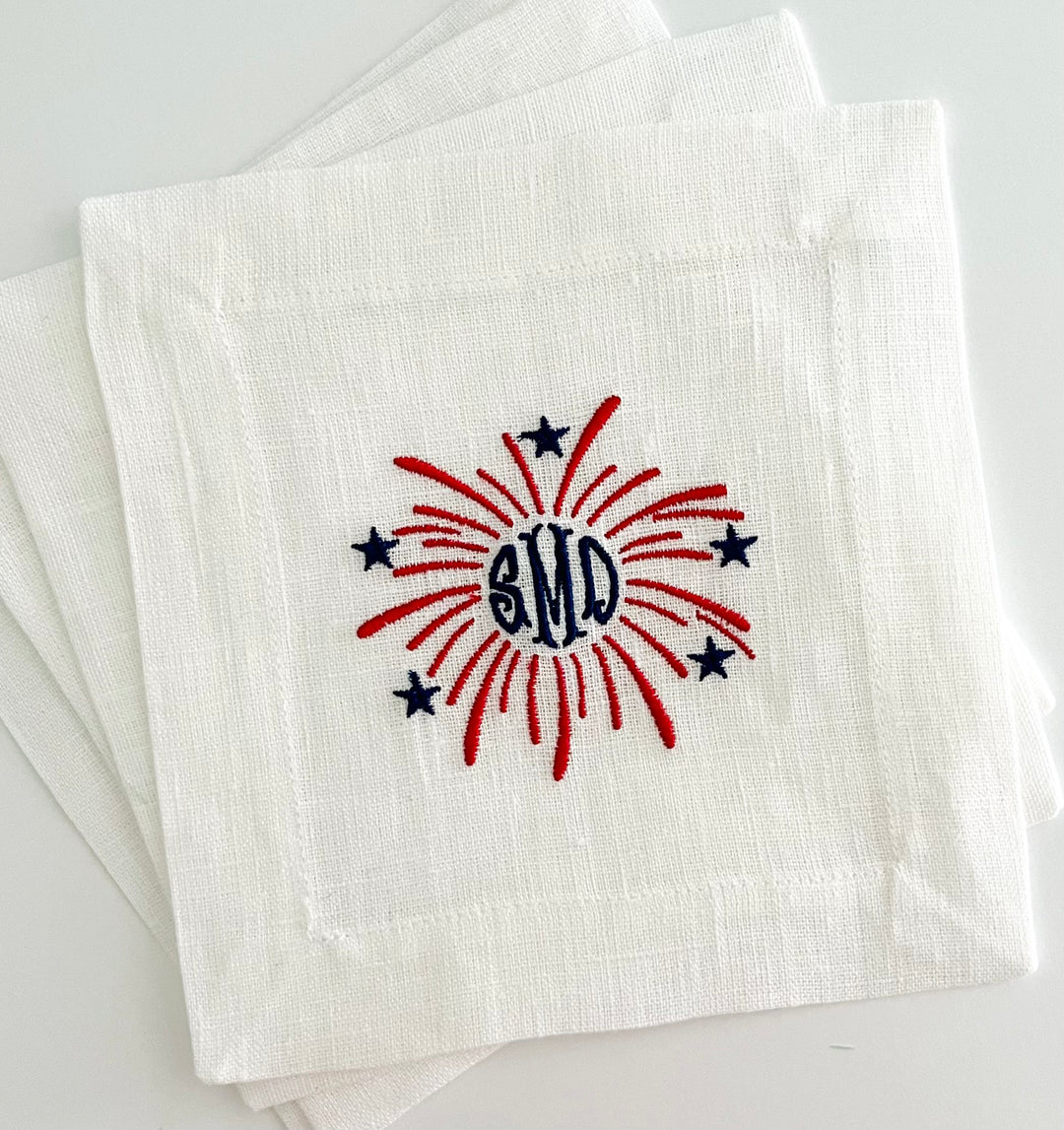 Patriotic Fireworks Monogram Cocktail Napkins ~ Set of 4